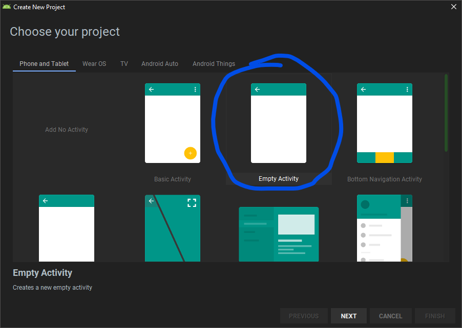 create new project dialog