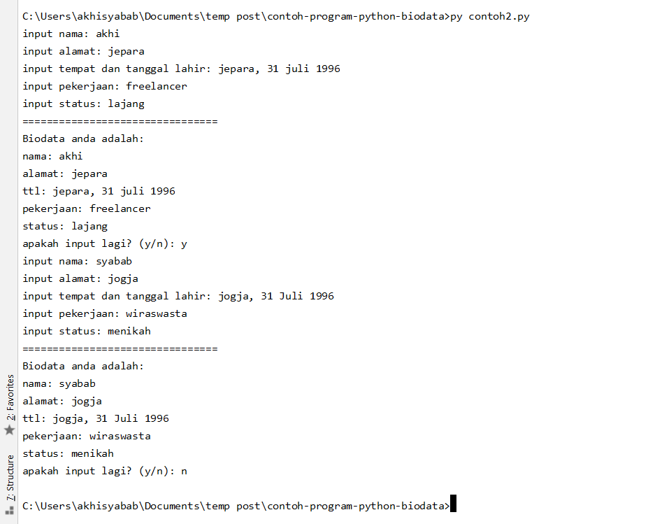 contoh program python biodata - contoh2